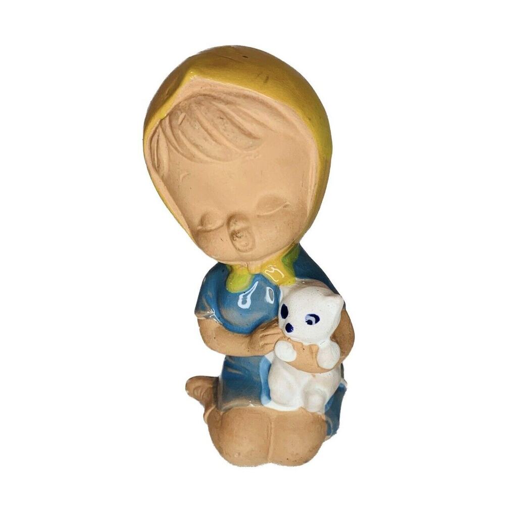 Uctci Japan Figurine Girl Pottery Red Clay 5" Vintage 1960s MCM Blue Dress Cat